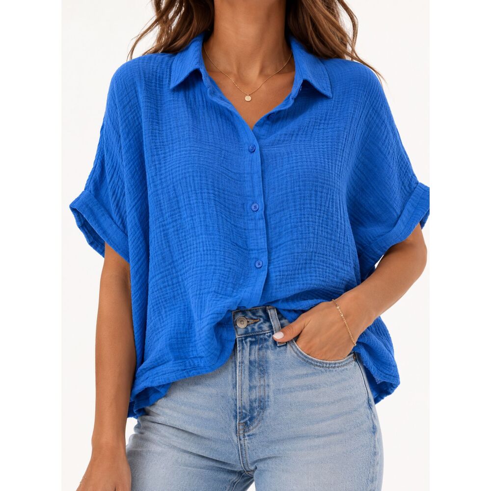 Talulah Blue Cotton Gauze Cropped Top L Button Front Collared Oversized Boho